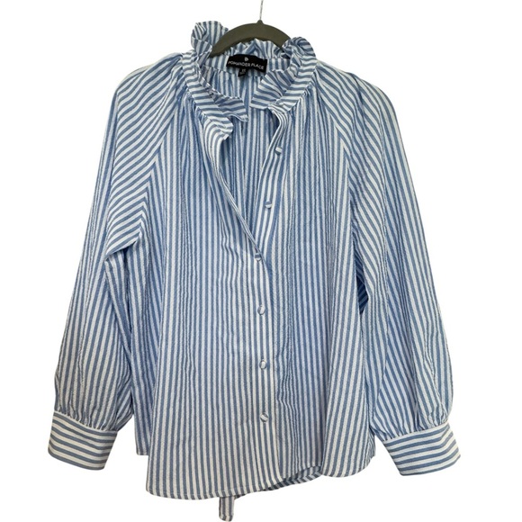L1. Pomander Place Tuckernuck Stripe Seersucker Blue Long Sleeve Ruffle Collar - Picture 1 of 5